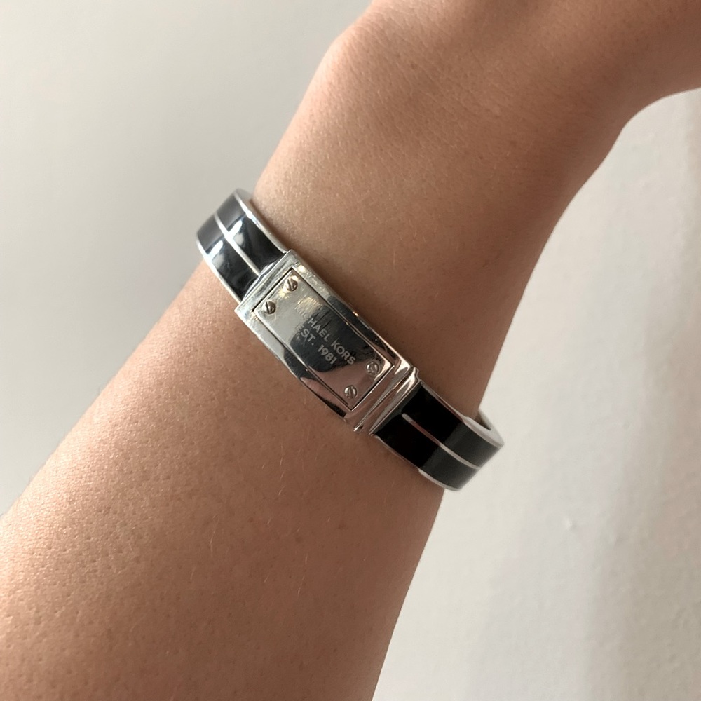 Michael Kors Silvertone Black Enamel Logo Bracelet